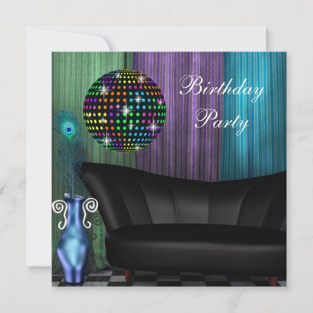 Invitación Bola de Espejo de Pavo Real Morado Disco Fiesta de (Anverso)