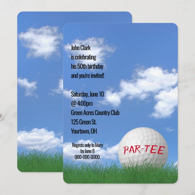 Invitación Bola de golf Birday Party en Grass (Anverso / Reverso)