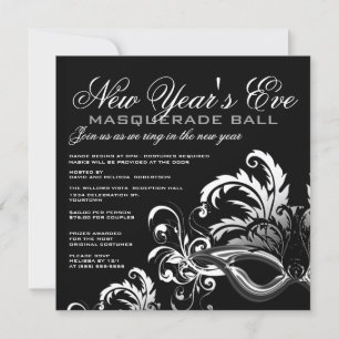 Invitación Bola de la Mascarada de Año Nuevo Plateado/Negro
