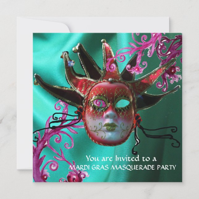 INVITACIÓN BOLA DE MÁSCARA DE MÁSCARA DE FUCHSIA ROJA NEGRA (Anverso)