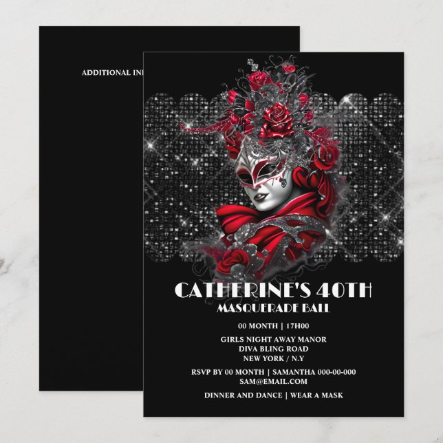 Invitación Bola de Mascarada cumpleaños máscara veneciana ros (Anverso / Reverso)
