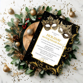 Invitación Bola de Mascarada Feriada de Navidades de Oro