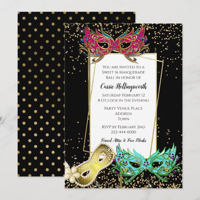 Invitación Bola de mascarada festiva del dulce 16 (Anverso / Reverso)