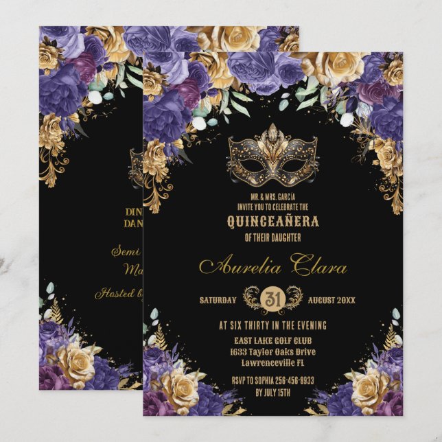Invitación Bola de Mascarada Floral de Oro Púrpura Quinceañer (Anverso / Reverso)