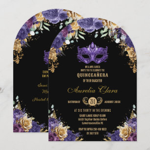Invitación Bola de Mascarada Floral de Oro Púrpura Quinceañer