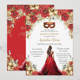 Invitación Bola de Mascarada Floral de Rosas Rojos de Quincea
