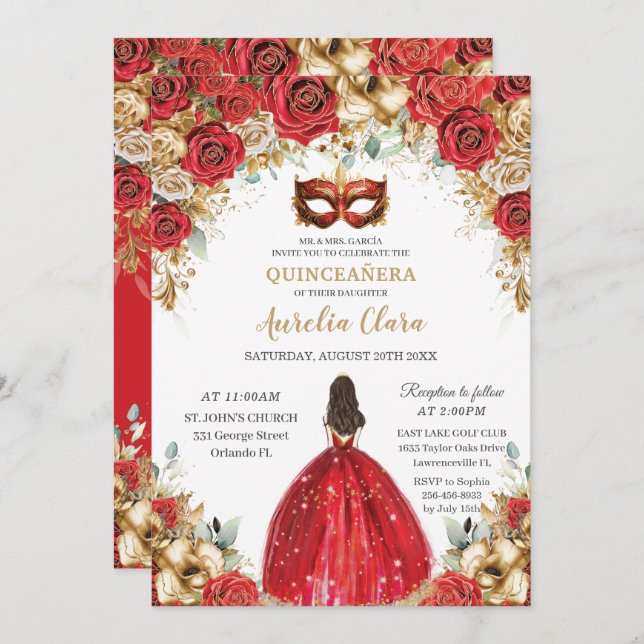 Invitación Bola de Masquerade Floral Rojo y Oro Quinceañera (Anverso / Reverso)