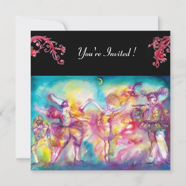 Invitación BOLA DE MASQUERADE, flores rojas, papel de fieltro (Anverso)