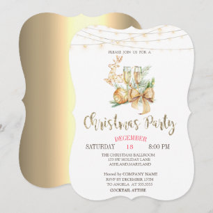 Invitación Bola de Navidad, Copa de Vino, Luces Navidad Dorad