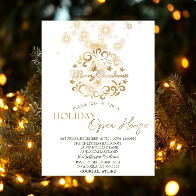 Invitación Bola de Navidad dorada Brillo Casa Abierta de vaca (Subido por el creador)