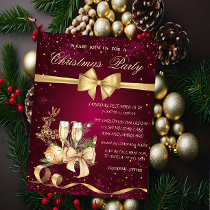 Invitación Bola de Navidad, Lazo, Reno, Copa de Vino Fiesta