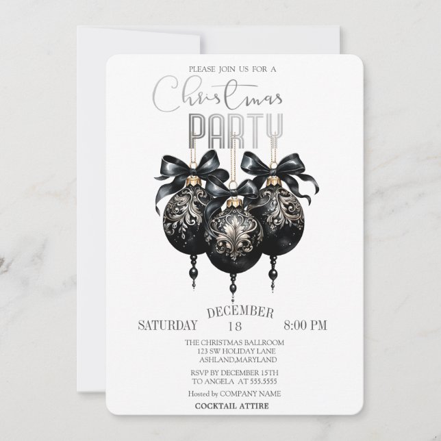 Invitación Bola de Navidad Negra, Navidad de Cuadros de Búfal (Anverso)