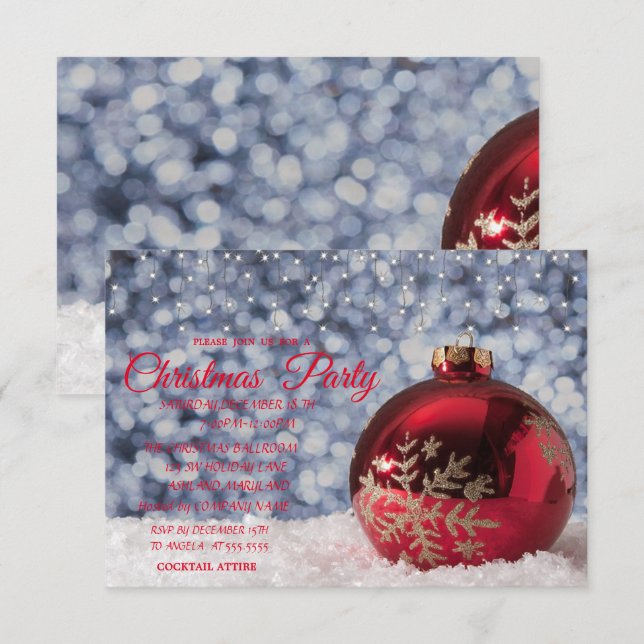 Invitación Bola de Navidad Roja, Fiesta de Navidad de la Empr (Anverso / Reverso)