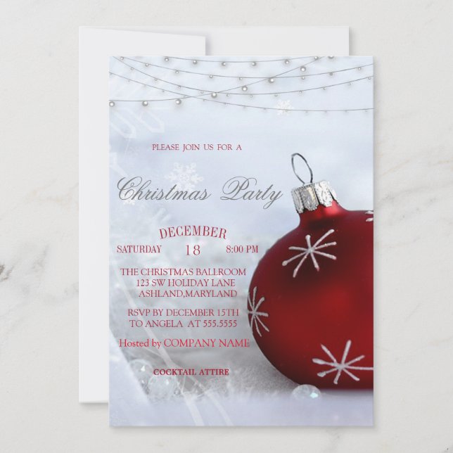 Invitación Bola de Navidad Roja,Luces de Cadena Empresa de Na (Anverso)