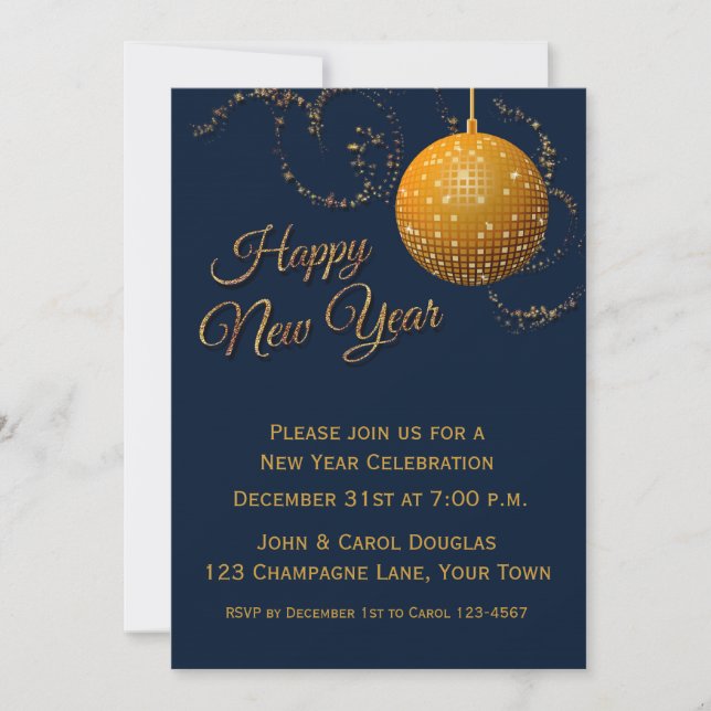 Invitación Bola de Purpurina dorada, azul de marina, Año nuev (Anverso)