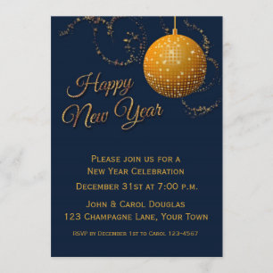 Invitación Bola de Purpurina dorada, azul de marina, Año nuev
