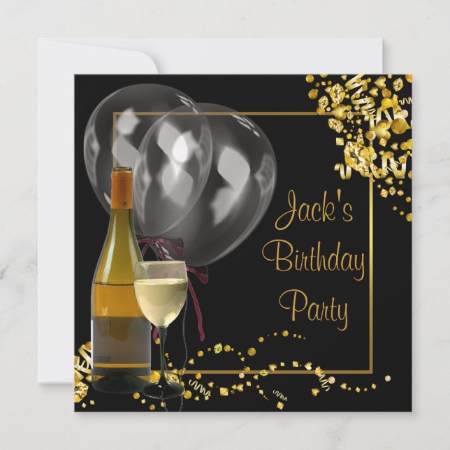 Invitación Bola de vino Glass Gold Black Mans Fiesta de cumpl (Anverso)