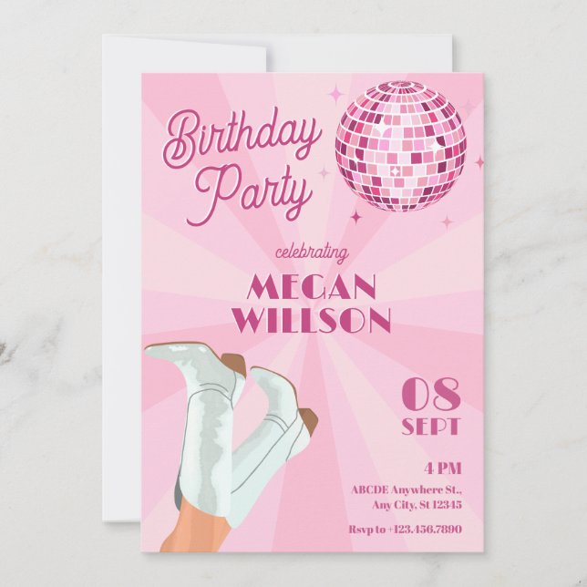 Invitación Bola disco de botas de groovía rosada cumpleaños (Anverso)