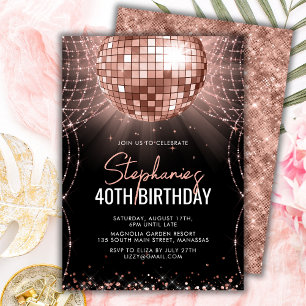 Invitación Bola disco de oro negro y Rosa 40 Fiesta de cumple