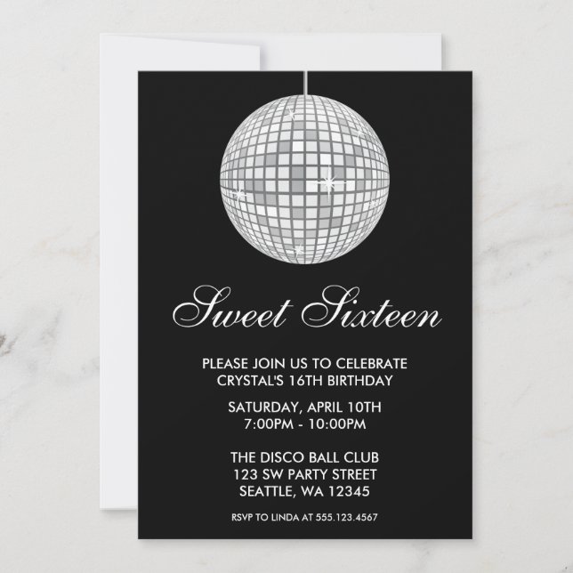 Invitación Bola Disco de Plata y Negro Dulce Cumpleaños (Anverso)