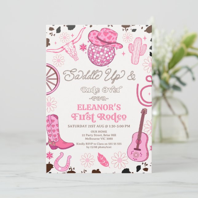 Invitación Bola disco de vaca rosa caliente primer cumpleaños (Anverso de pie)