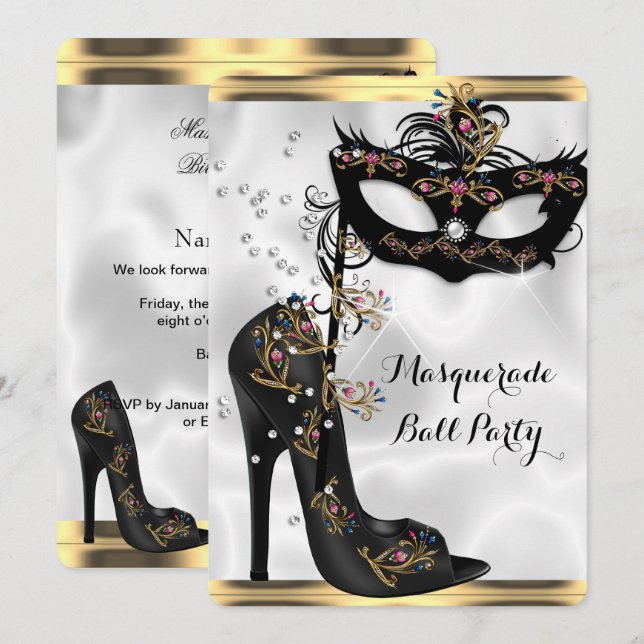 Invitación Bola Fiesta Máscara de la mascarada blanca dorada (Anverso / Reverso)