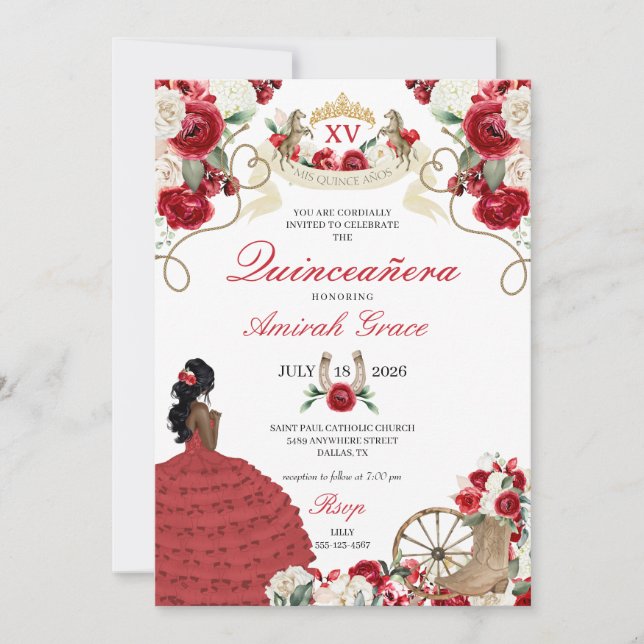 Invitación Bola Floral Roja de Caballos Occidentales Quinceañ (Anverso)