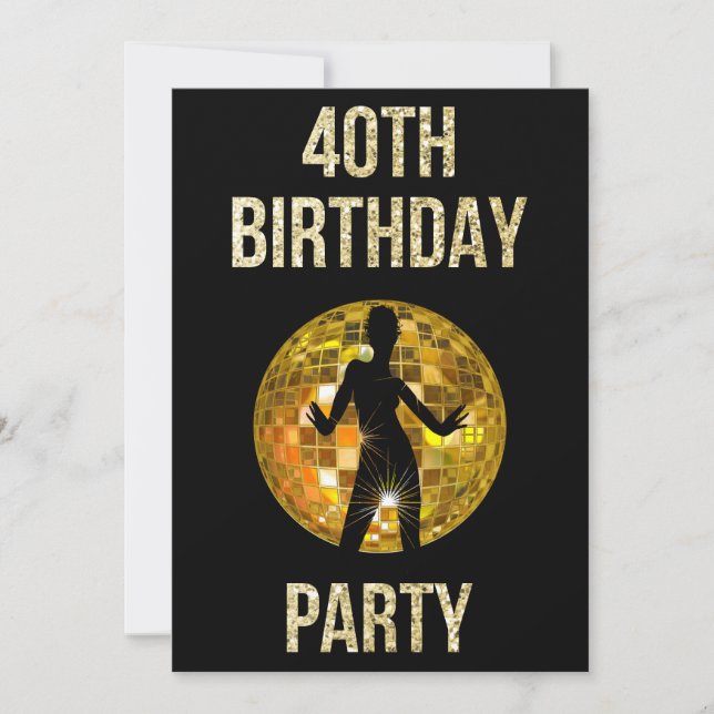 Invitación Bola Purpurina de oro y negro retro disco 40 Fiest (Anverso)
