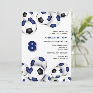 Invitación bolas azules de fútbol negro niños fiesta de cumpl