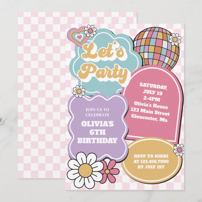 Invitación Bolas de discoteca pasteles retro y margarita Cump (Anverso / Reverso)