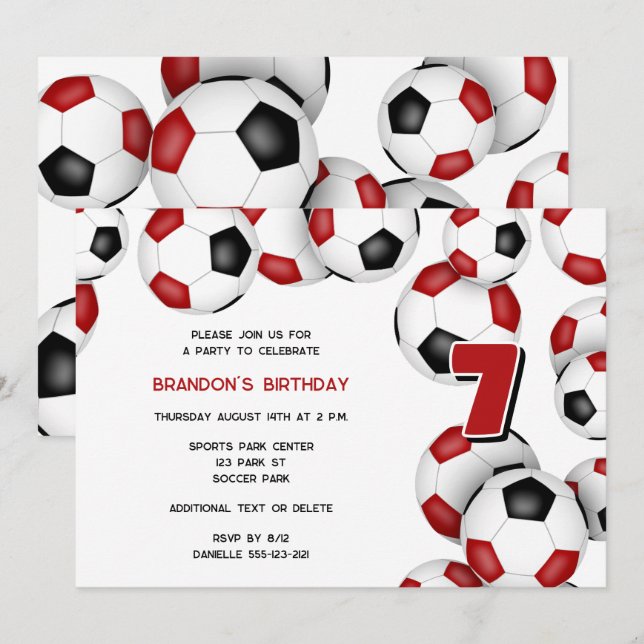 Invitación bolas de fútbol negro rojo niños fiesta de cumplea (Anverso / Reverso)