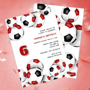 Invitación bolas de fútbol negro rojo niños fiesta de cumplea