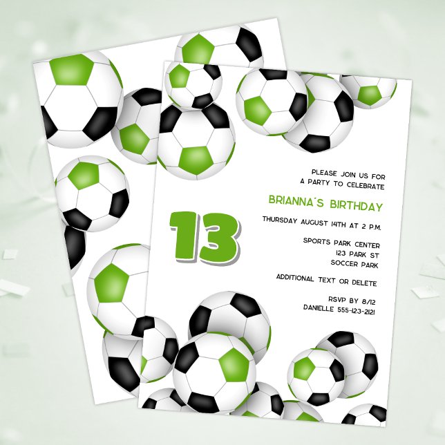 Invitación bolas de fútbol negro verde brillante niños cumple (Subido por el creador)
