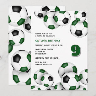 Invitación bolas de fútbol negro verde niños cumpleaños o equ