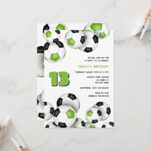 Invitación bolas de fútbol verde brillante cumpleaños de los 