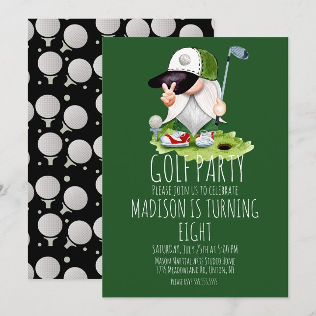 Invitación Bolas de Golf para Niños Gnome Fiesta de Cumpleaño (Anverso / Reverso)