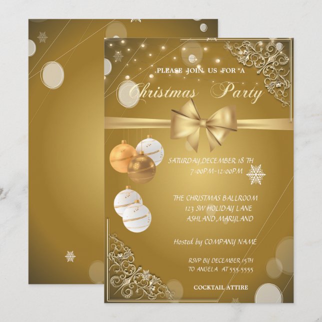 Invitación Bolas de Navidad, Arco Dorado, Fiesta de Navidad C (Anverso / Reverso)