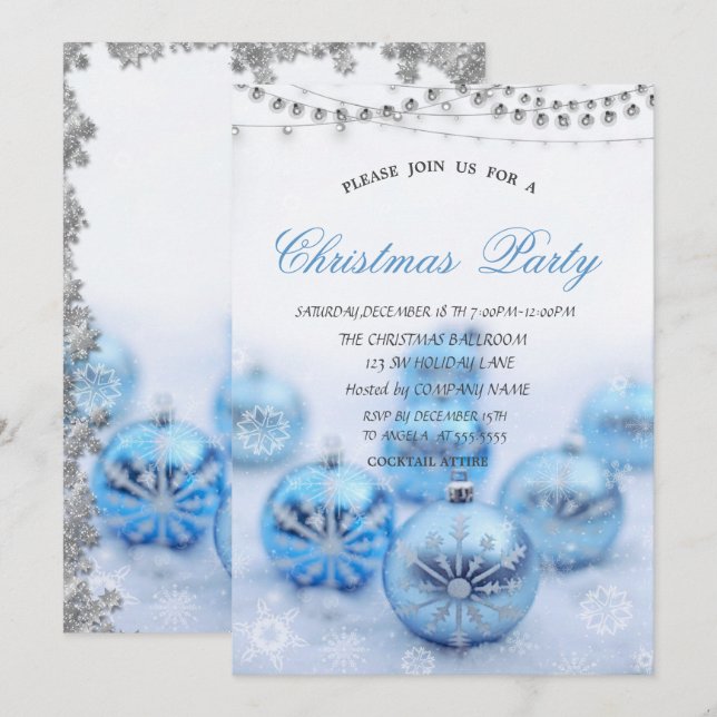 Invitación Bolas de Navidad azules, estrellas Fiesta de Navid (Anverso / Reverso)