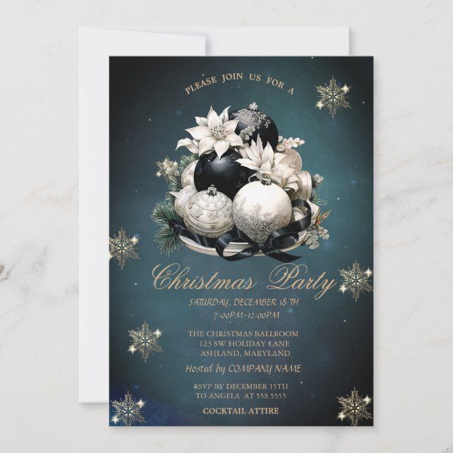 Invitación Bolas de Navidad Blancas Negras, Copos de Nieve Em (Anverso)