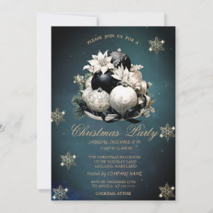 Invitación Bolas de Navidad Blancas Negras, Copos de Nieve Em