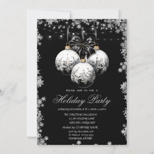 Invitación Bolas de Navidad Blancas y Negras con Estrellas Fi