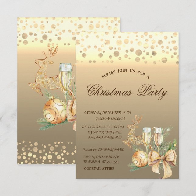 Invitación Bolas de Navidad con lunares dorados, Fiesta de Na (Anverso / Reverso)