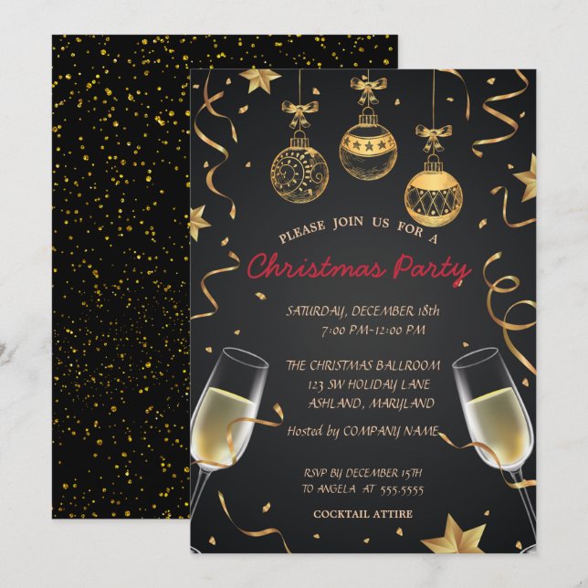 Invitación Bolas de Navidad, Confeti Fiesta de Navidad Corpor (Anverso / Reverso)