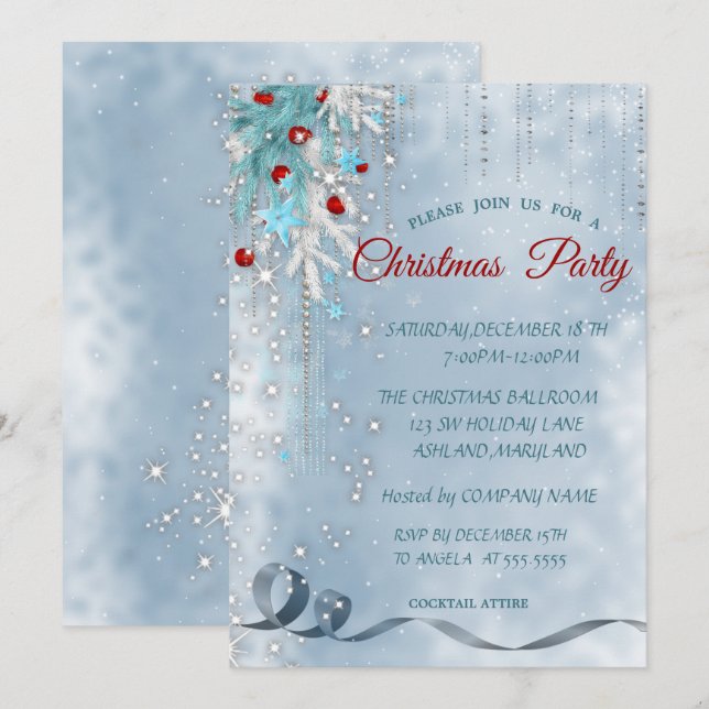 Invitación Bolas de navidad, copos de nieve, estrellas, Fiest (Anverso / Reverso)