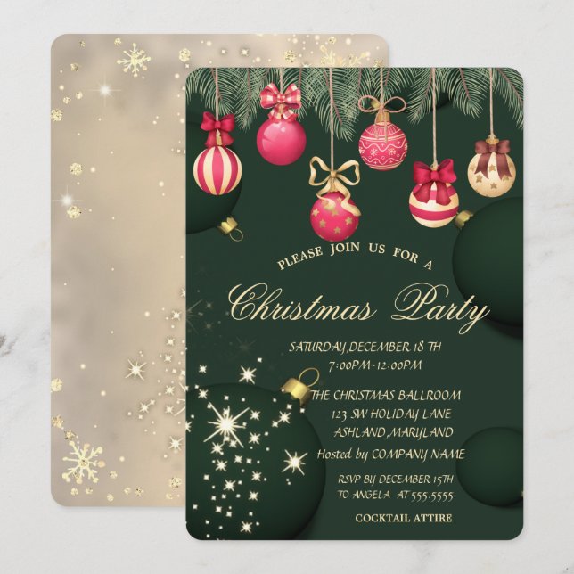 Invitación Bolas de Navidad Copos de nieve Navidad Verde (Anverso / Reverso)