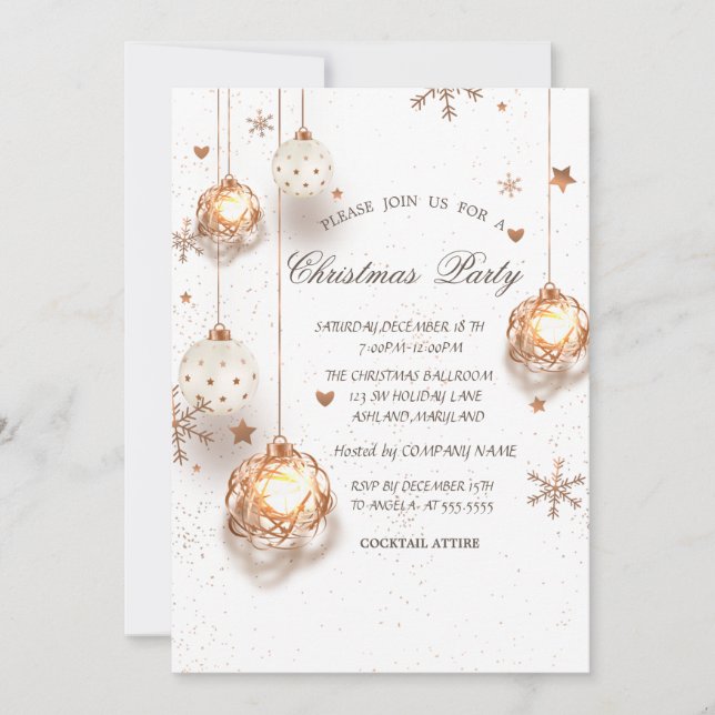 Invitación Bolas de Navidad de oro blanco Fiesta de Navidad d (Anverso)