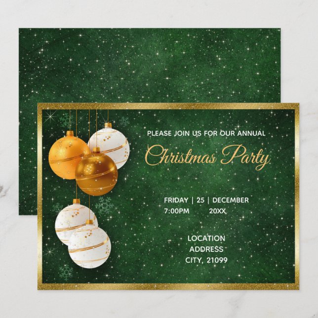 Invitación Bolas de Navidad de Oro y Blanco (Anverso / Reverso)