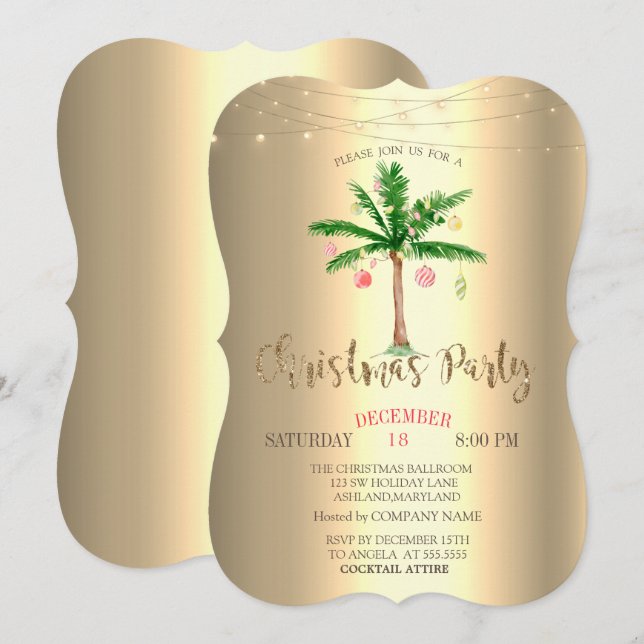 Invitación Bolas de Navidad de Palma,Luces de Cadena Doradas (Anverso / Reverso)