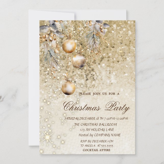 Invitación Bolas de Navidad Doradas Lentejuelas Fiesta de Nav (Anverso)