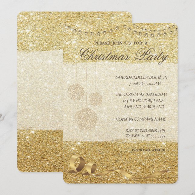 Invitación Bolas de Navidad Elegantes, Brillantes, Fiesta de  (Anverso / Reverso)